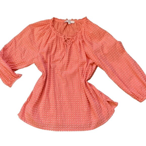 LOFT Cotton Textured-Swiss Dot Peasant Blouse Sz L Coral 36P - Picture 5 of 8